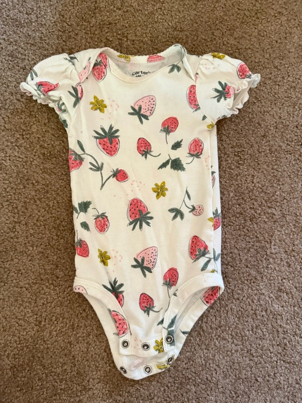 Carter's White Strawberry Print Ruffle-Sleeve Baby onesie